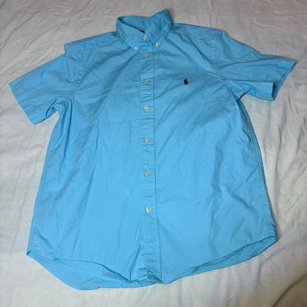 Ralph Lauren Kids Boys‎ Turquoise Blue Short Sleeve Button Down Shirt Sz L 14-16